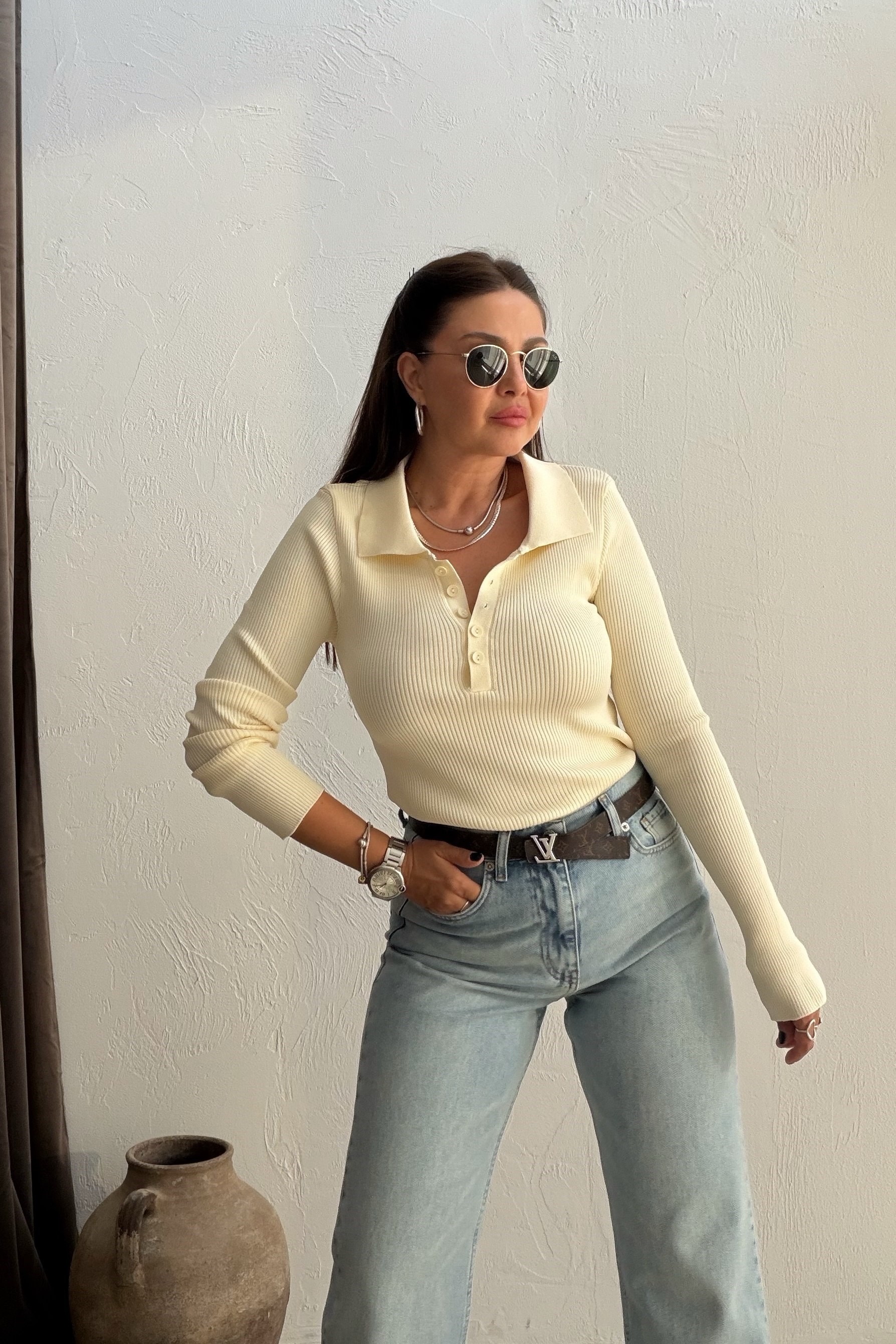 Polo Yaka Düğmeli Triko KREM