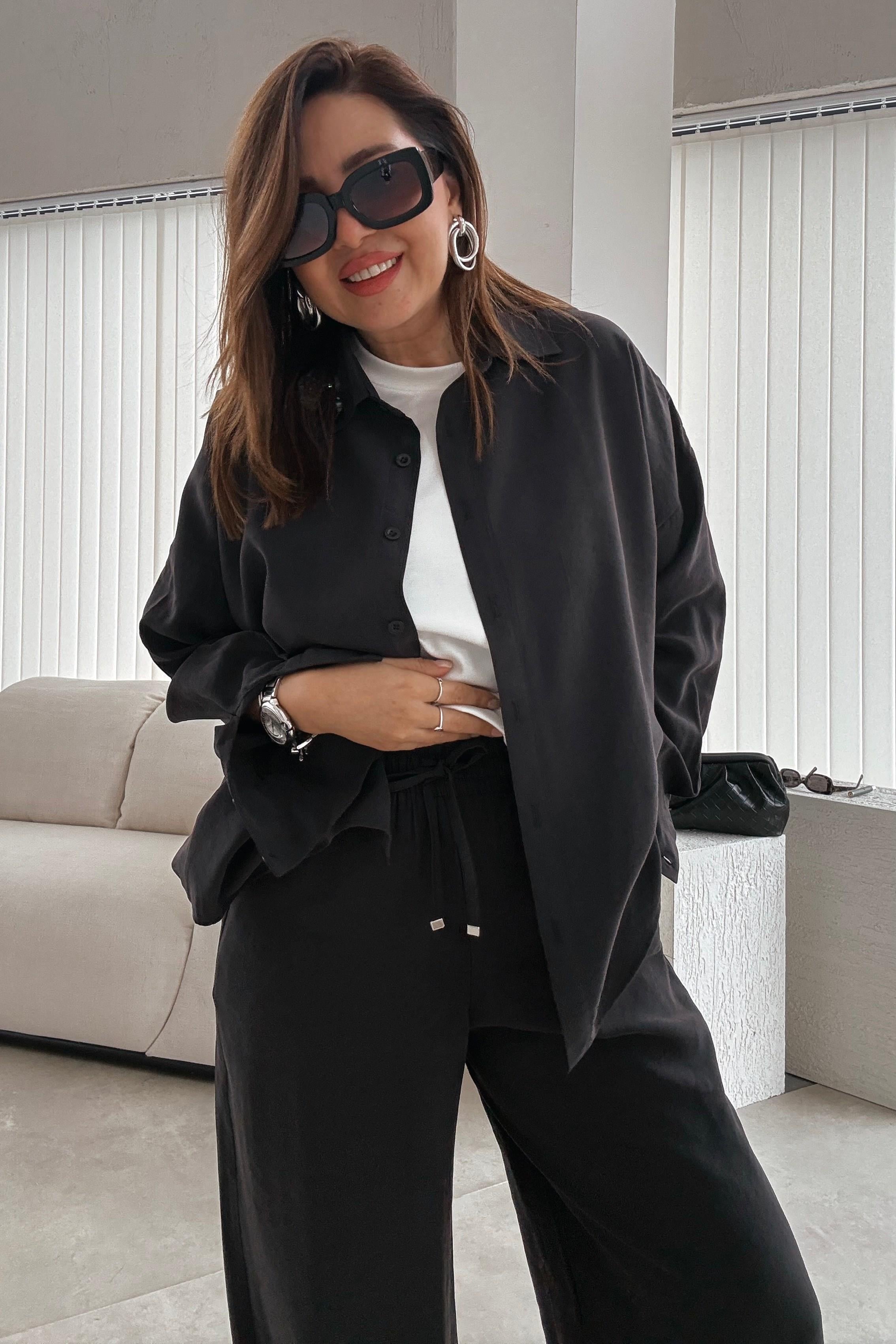 Siyah Tril Dokuma Gömlek Pantolon Takım 