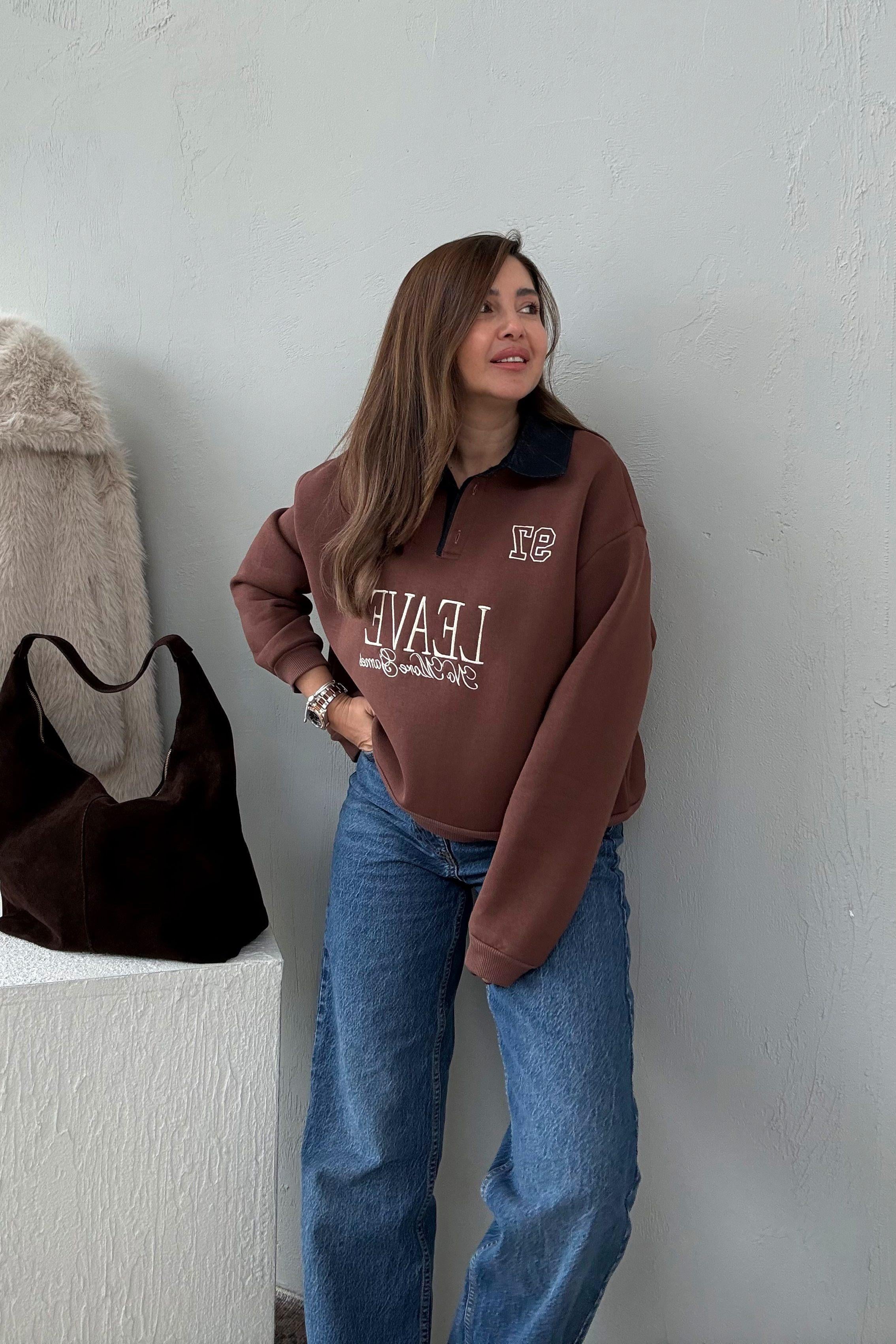 Tarçın Denim Yakalı Sweatshirt 