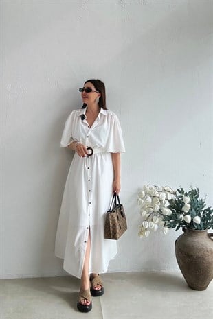 Astarlı Volan Kollu Elbise BEYAZ