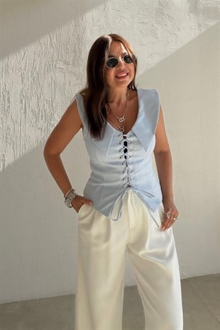 Bağcıklı Yaka Detaylı Korse Bluz BUZ MAVİSİ