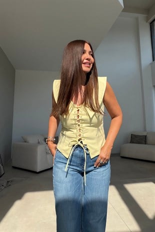 Bağcıklı Yaka Detaylı Korse Bluz SARI