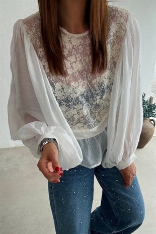 Balon Kollu Bluz BEYAZ