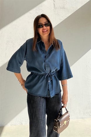 Beli Büzgülü Denim Gömlek LACİVERT