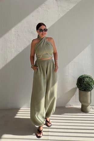 Bohem Müslin Crop Takım HAKİ
