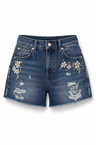 Çiçek Nakışlı Denim Şort