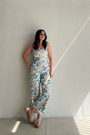 Çiçekli Büstiyer Pantolon Takım MAVİ