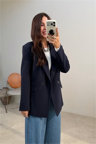 Çift Düğmeli Blazer Ceket LACİVERT
