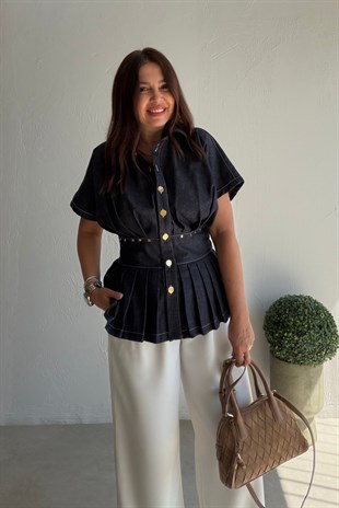 Çıtçıtlı Düğmeli Denim Gömek LACİVERT