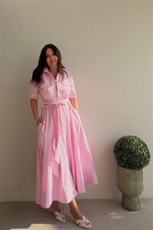 Çizgili Gömlek Elbise PEMBE