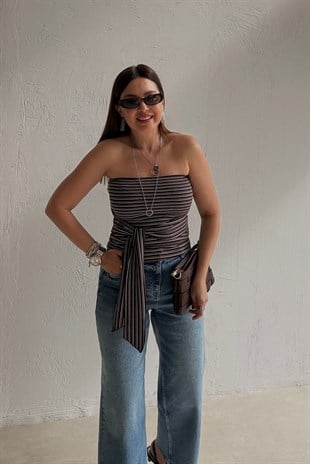 Çizgili Kuşaklı Büstiyer KAHVERENGİ