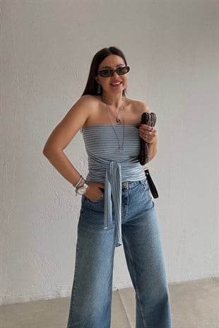 Çizgili Kuşaklı Büstiyer MAVİ