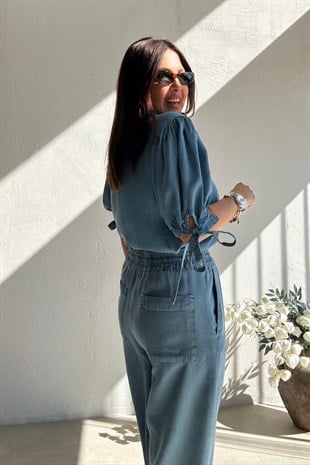 Denim Kolu Bağcıklı Gömlek MAVİ