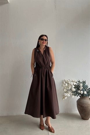 Deri Detaylı Elbise KAHVERENGİ