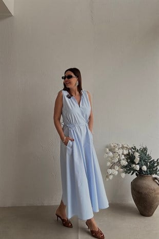 Deri Detaylı Elbise MAVİ