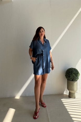 Dökümlü Denim Takım MAVİ