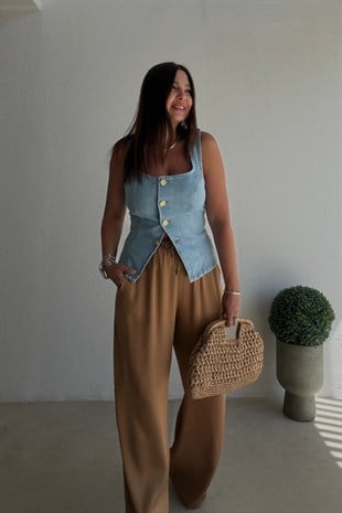 Düğmeli Denim Bluz BUZ MAVİSİ
