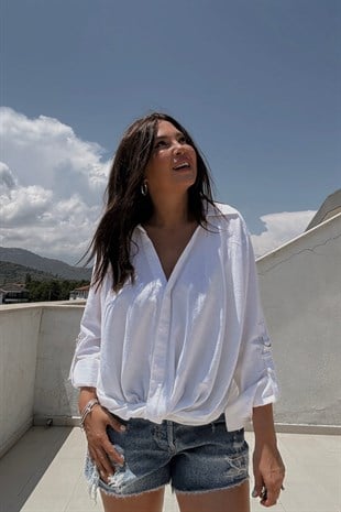Düğümlü Keten Gömlek BEYAZ