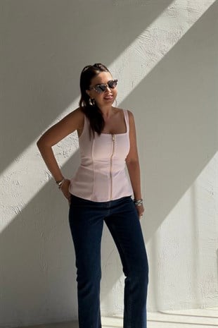 Fermuarlı Crop Bluz PEMBE
