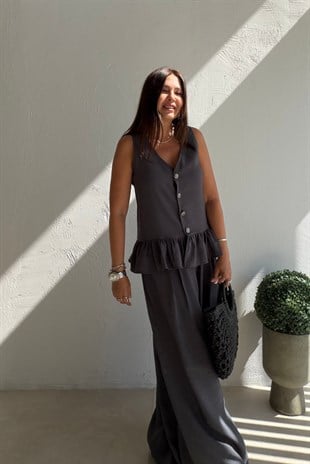 Fırfır Detaylı Yelek Pantalon Takım ANTRASİT
