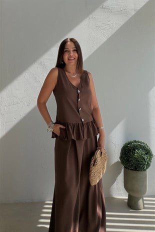 Fırfır Detaylı Yelek Pantalon Takım KAHVERENGİ