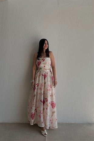 Floral Bluz Etek Takım BEJ