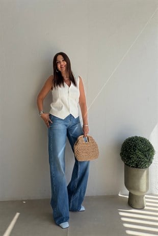 Geniş Paça Denim Pantalon MAVİ