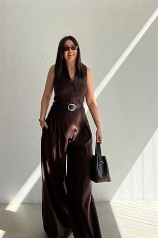 Geniş Yaka Kemerli Tulum KAHVERENGİ