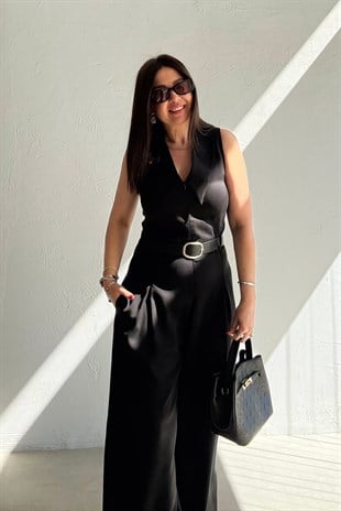 Geniş Yaka Kemerli Tulum SİYAH