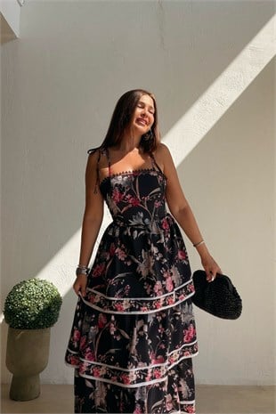 Katlı Floral Elbise SİYAH