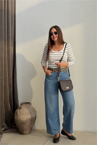 Kemerli Geniş Paça Jean MAVİ