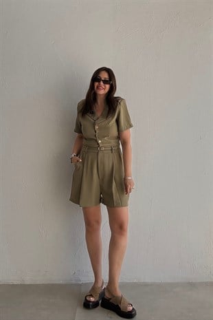 Kemerli Kruvaze Şort Tulum HAKİ