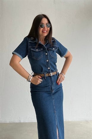 Likralı Denim Elbise MAVİ
