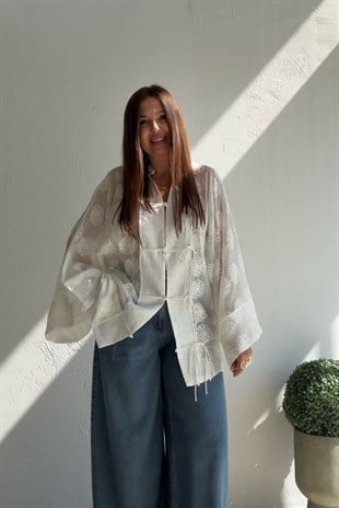 Nakış İşlemeli Kimono BEYAZ