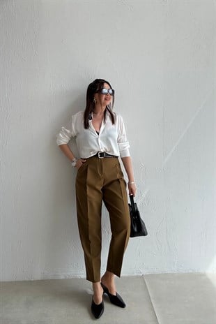 Olive Kapak Cepli Pantolon 