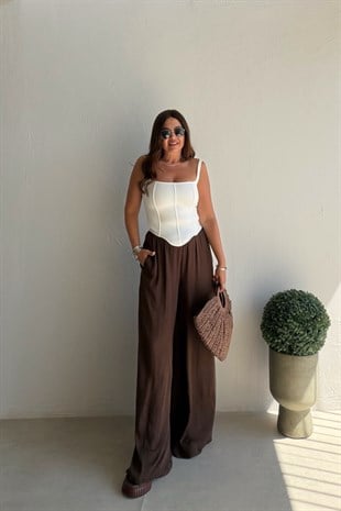 Pileli Dokulu Pantalon KAHVRENGİ