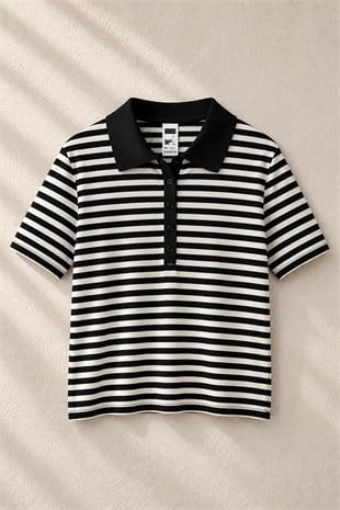 Polo Yaka Çizgili Triko SİYAH
