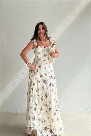 Romantik Çiçekli Elbise EKRU