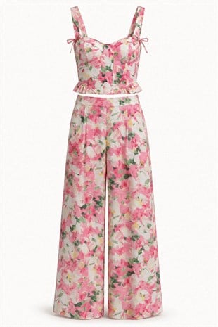 Rosa Çiçekli Korse Pantolon Takım PEMBE