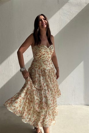 Soft Çiçekli Crop Etek Takım BEJ