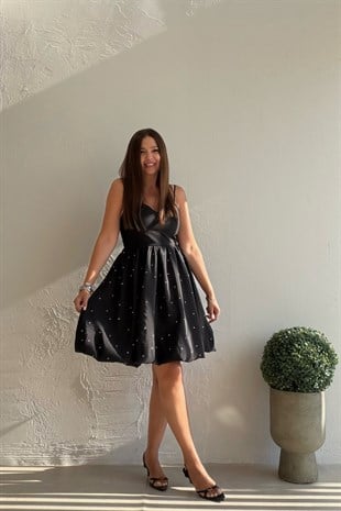 Taşlı Balon Elbise SİYAH