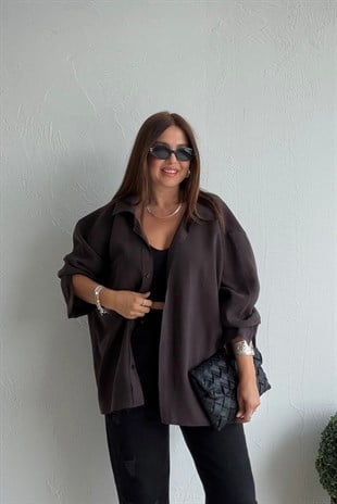 Tek Cebli Oversize Gömlek KAHVERENGİ