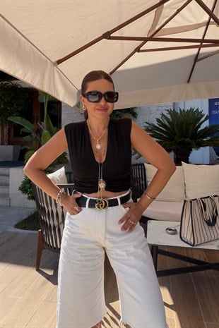 Toka Detaylı Crop Bluz SİYAH