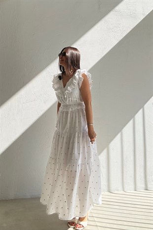 Volanlı Gold Puanlı Elbise BEYAZ