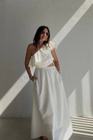 Volanlı Koton Elbise BEYAZ