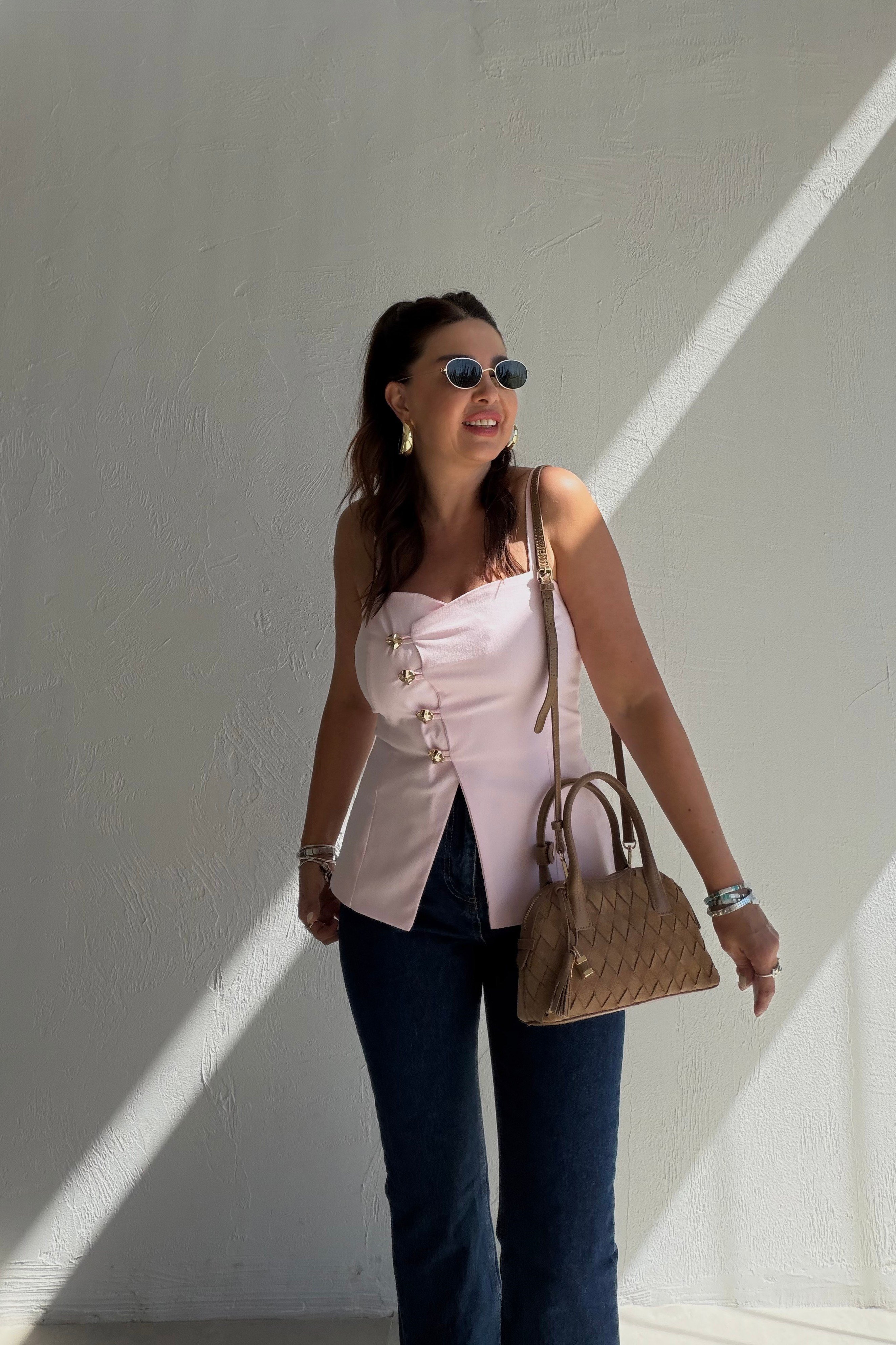 Askılı Düğmeli Bluz PEMBE