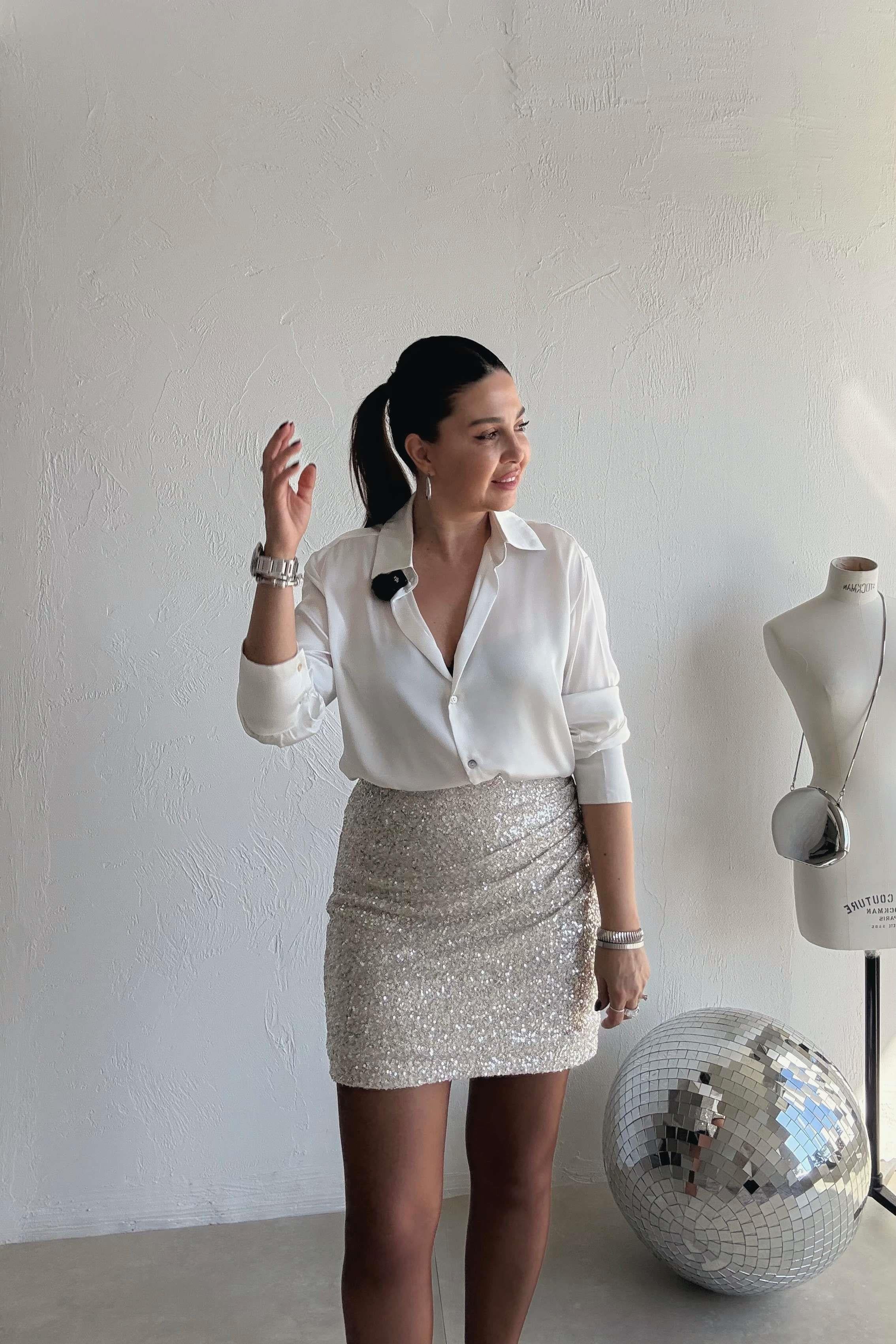 Bej Drapeli Payet Etek 