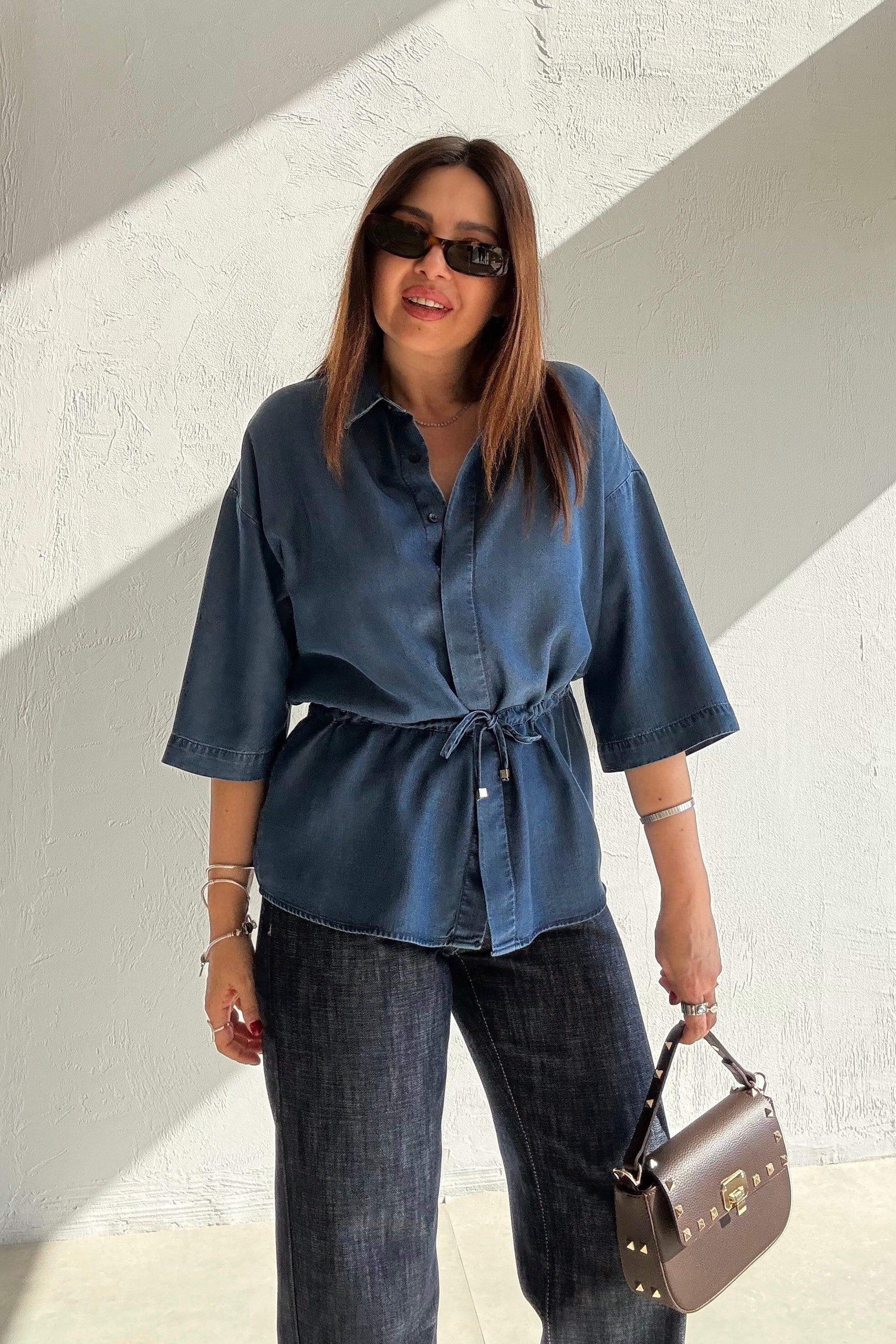 Beli Büzgülü Denim Gömlek LACİVERT