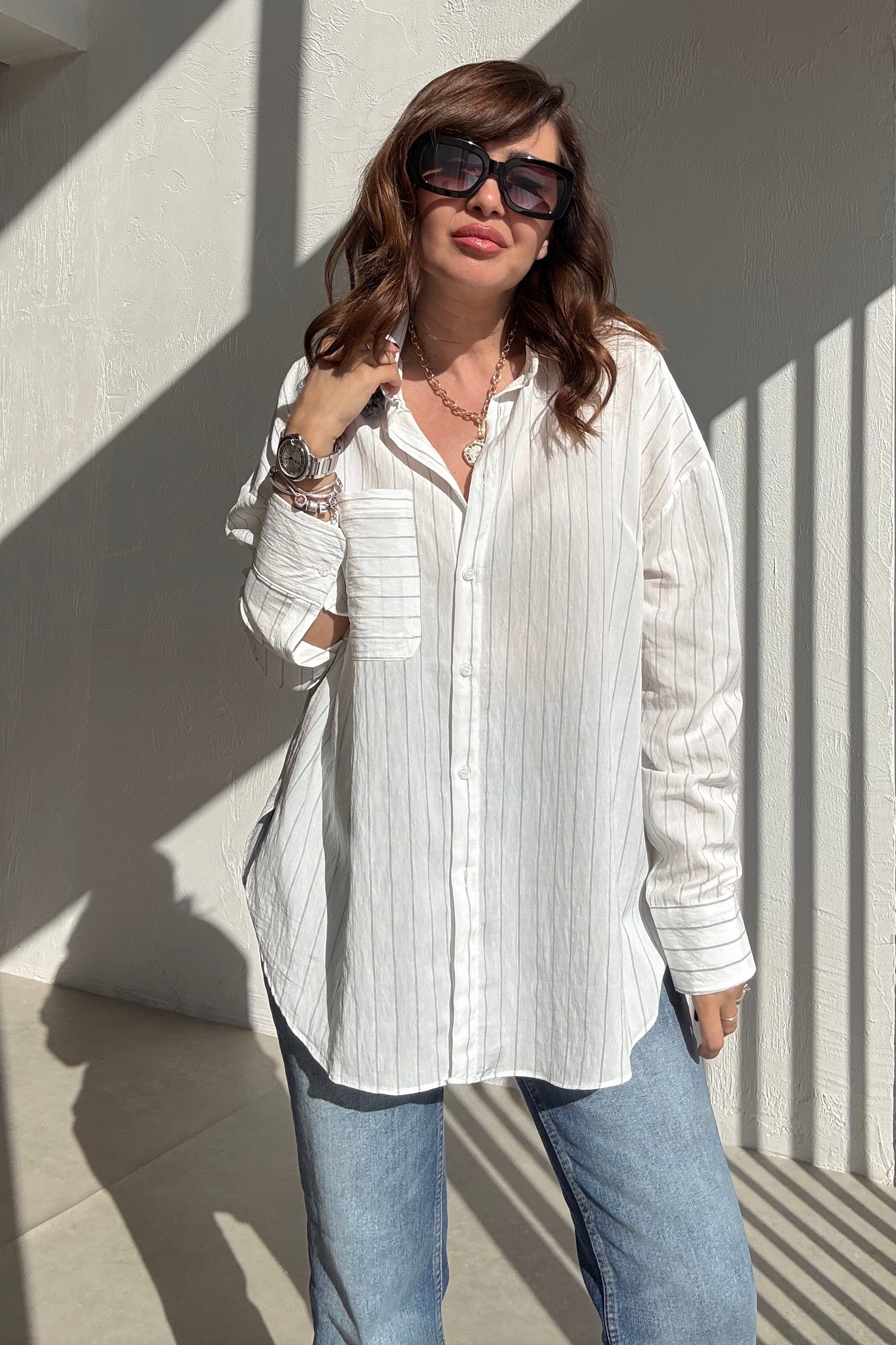 Beyaz Çizgili Tril Gömlek 