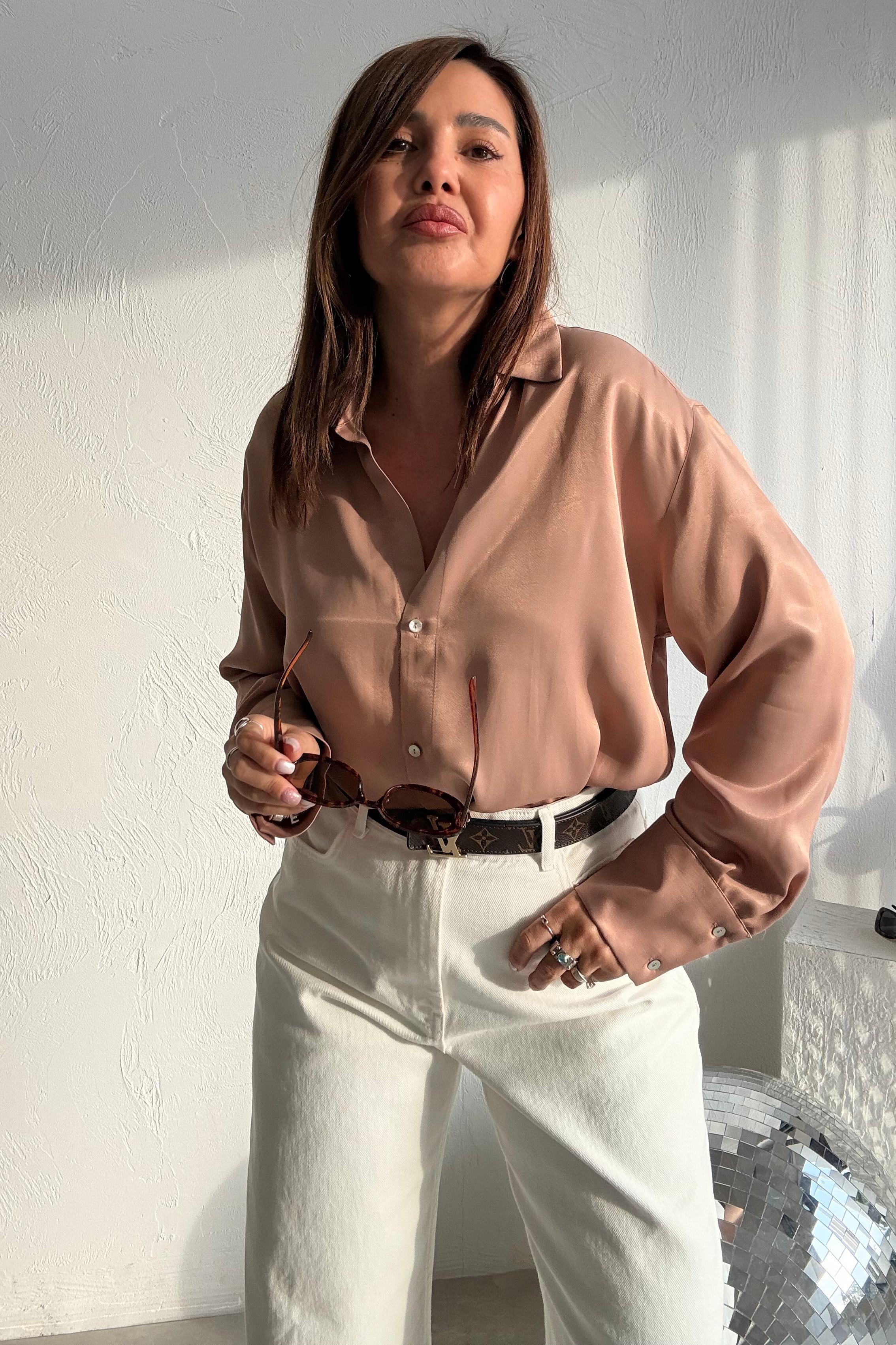 Bisküvi Rengi Saten Gömlek 